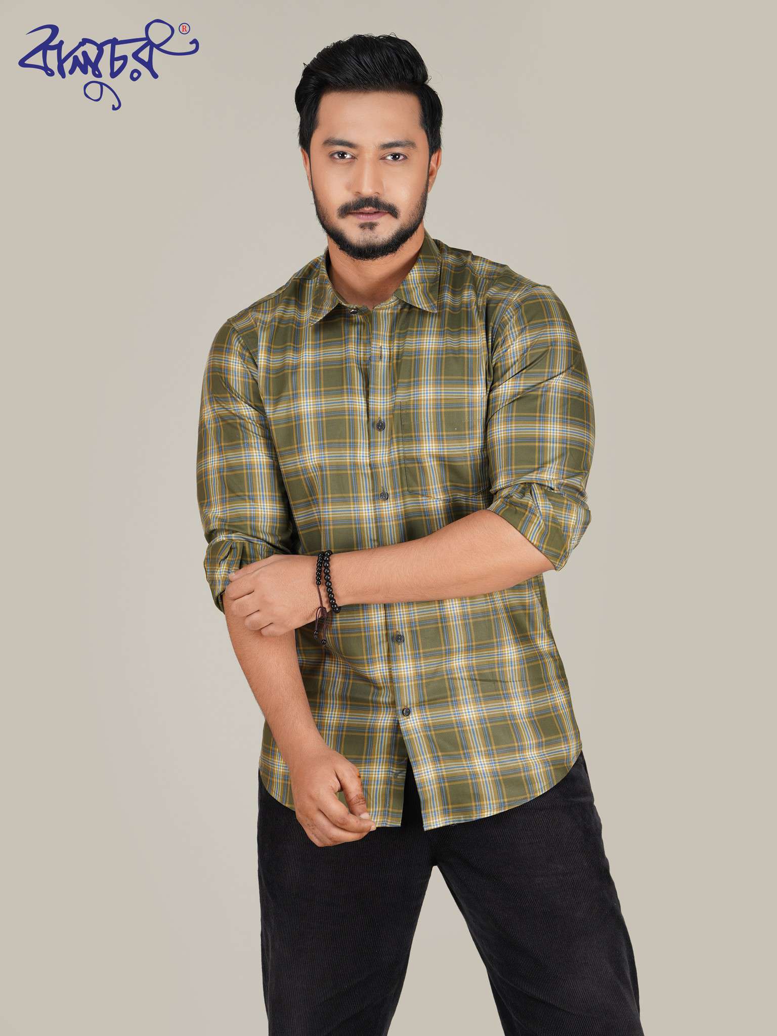 Olive Green Check Cotton Full Sleeve Shirt
