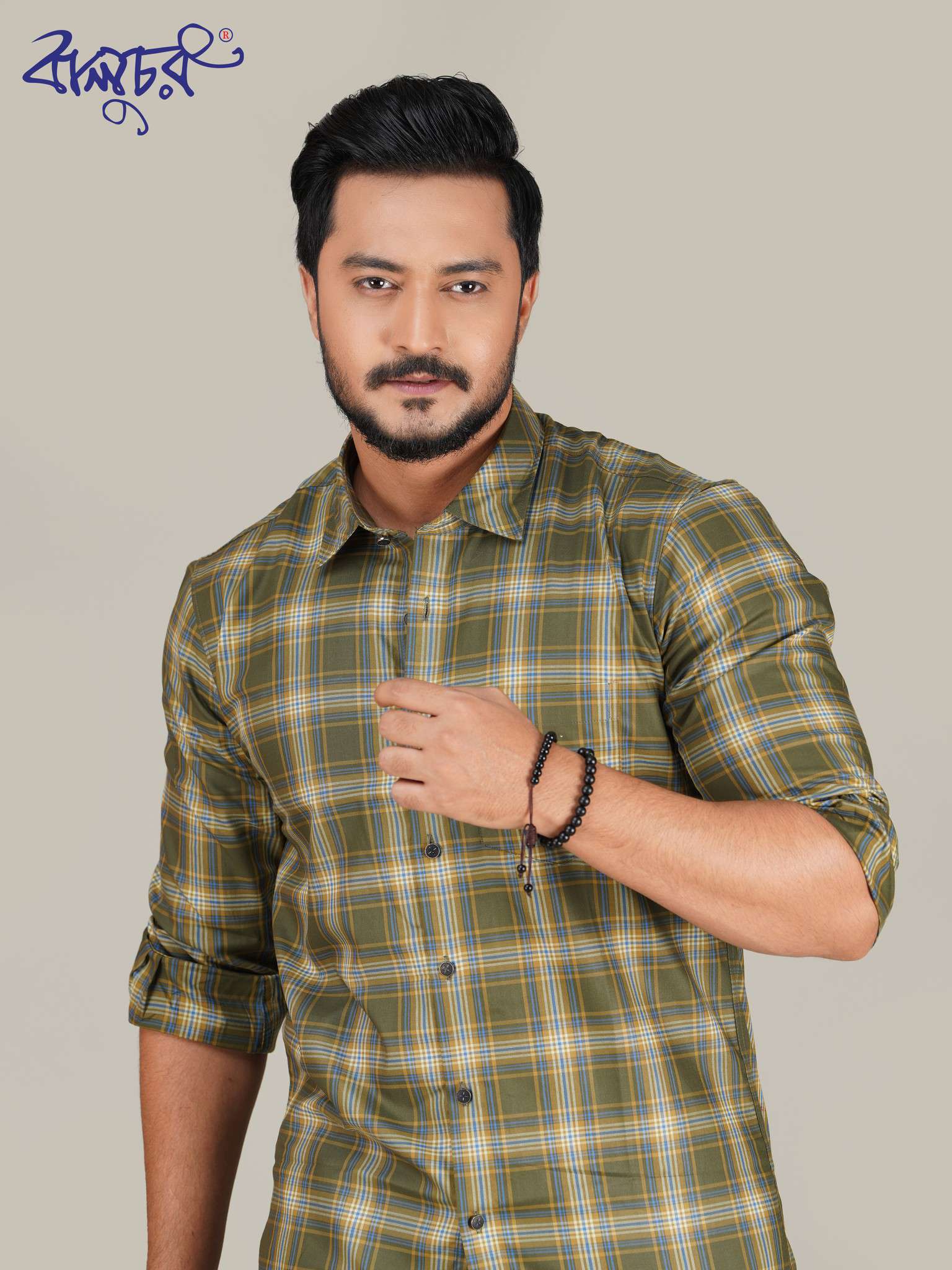 Olive Green Check Cotton Full Sleeve Shirt