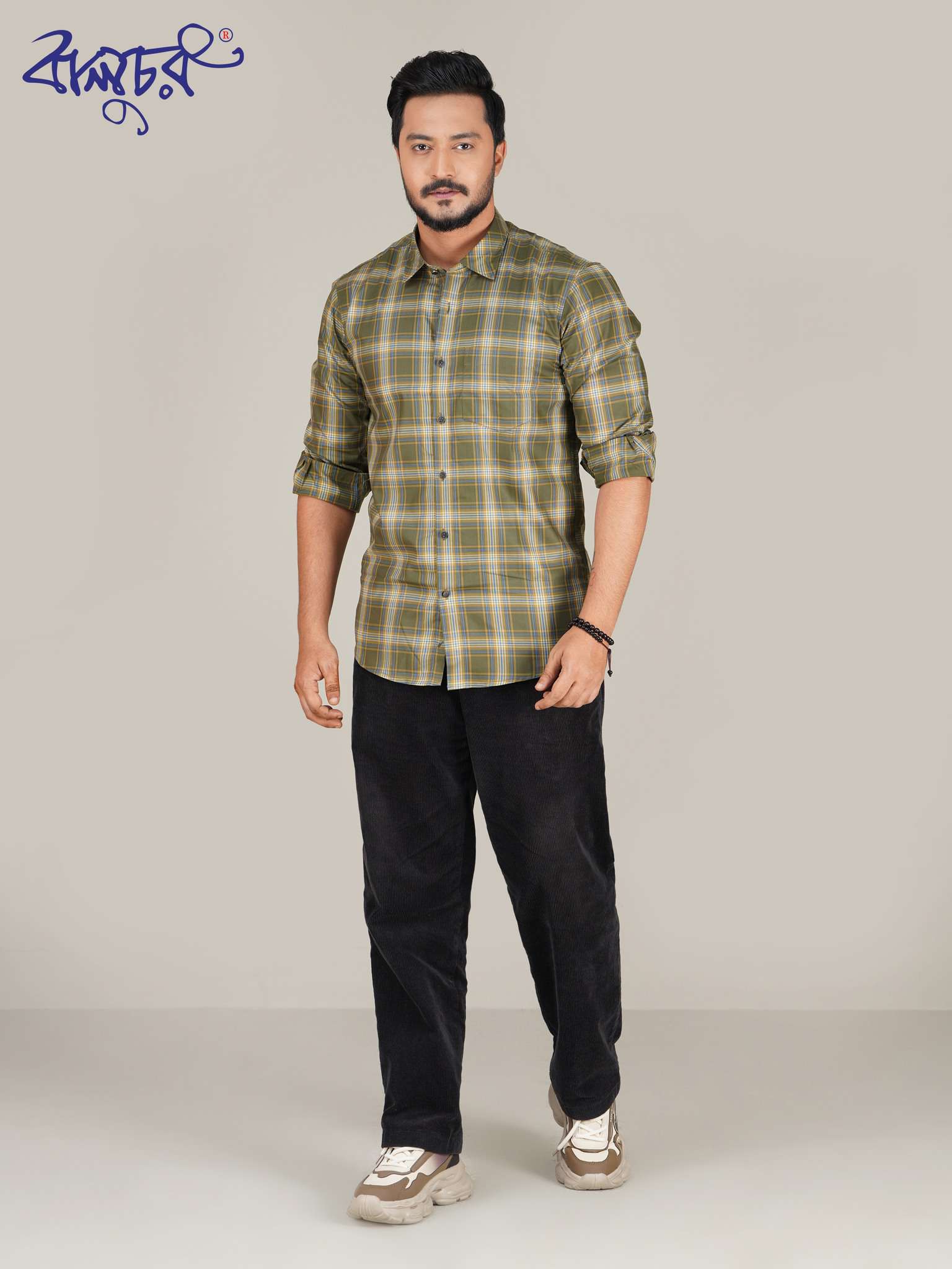 Olive Green Check Cotton Full Sleeve Shirt