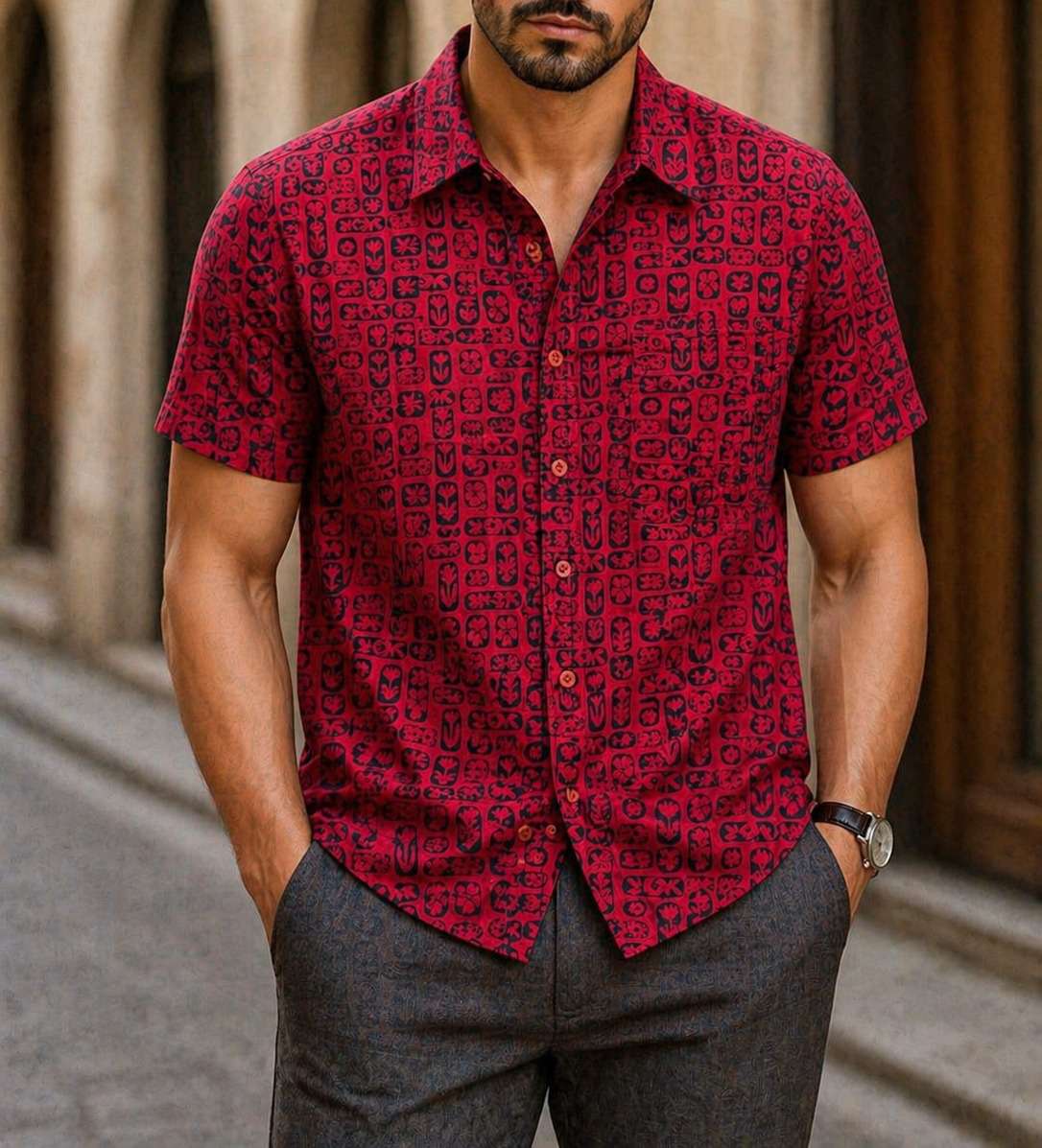 Trendy Printed Cotton Short Sleeve Shirt