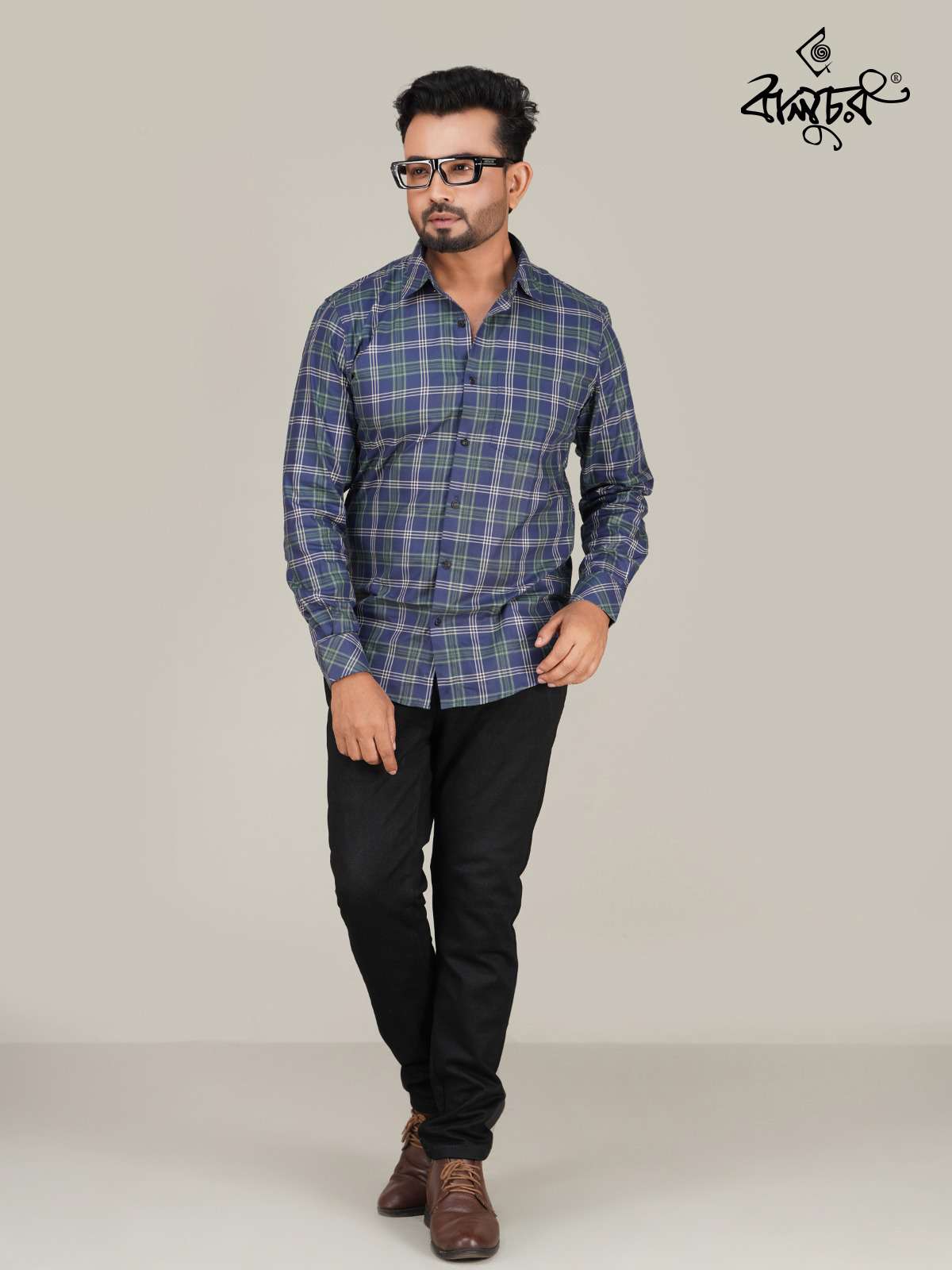 Blue Green Check Cotton Full Sleeve Shirt
